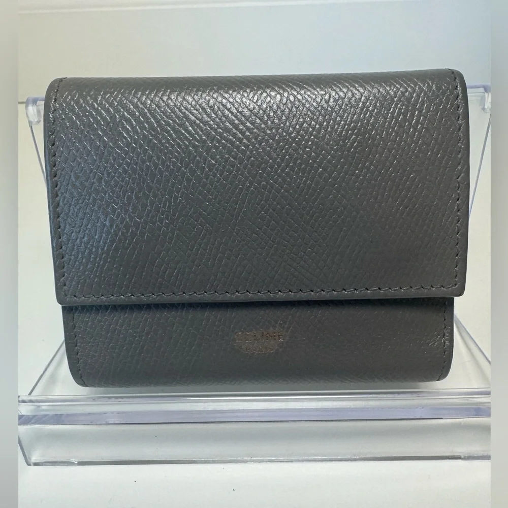 Celine Compact x mm Tri Fold Gray Leather Textured Wallet